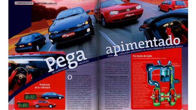 Em março de 2000, na edição 476, alinhamos em nossa pista de testes nada menos que o Volkswagen Golf GTI (1.8 de 150 cv e 21,4 mkgf de torque) contra o Fiat Marea turbo (2.0 de 182 cv e 27 mkgf de torque), na matéria chamada Pega apimentado. Leia o texto