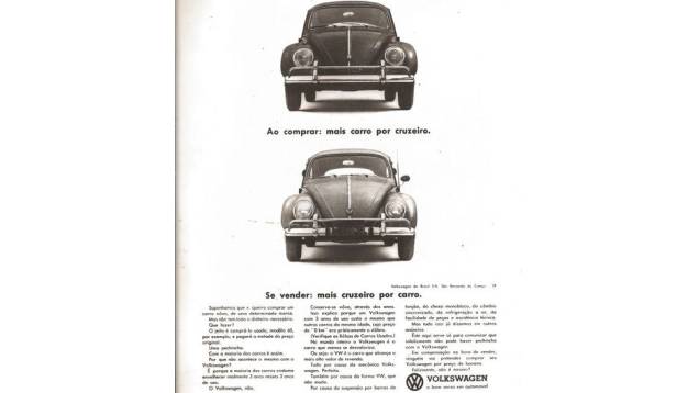 Grande estrela da companhia nos anos 60, o Fusca, aqui, é ressaltado como um carro de ótimo custo-benefício. Grande estrela da companhia nos anos 60, o Fusca, aqui, é ressaltado como um carro de ótimo custo-benefício.