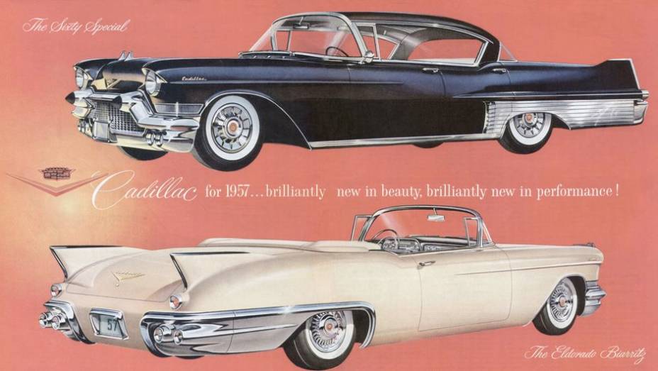 1957 Cadillac Eldorado - Com desenho diferenciado dos demais Cadillac, surpreendia em contrate com a declividade da tampa do porta-malas e o para-choque bipartido