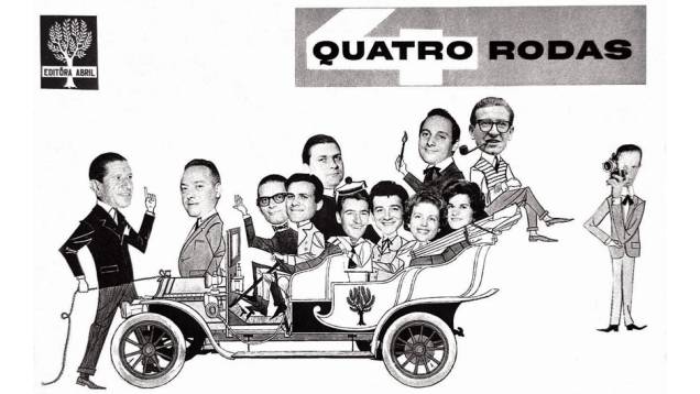 Primeira equipe da redação QUATRO RODAS em charge publicada na edição de dezembro de 1960. Roberto Civita, então diretor de publicidade, foi retratado na traseira do carro, de óculos.