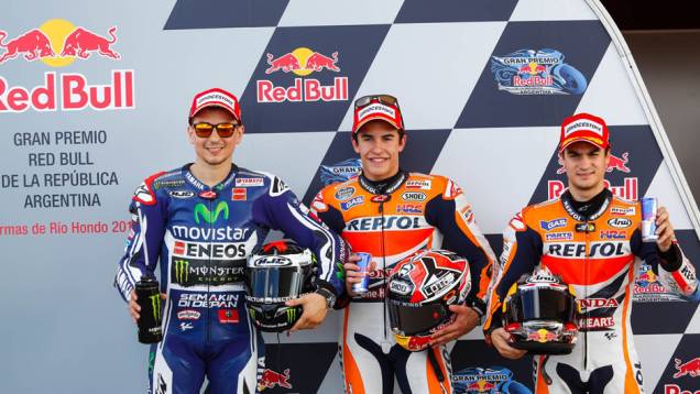 Galeria de Quatro Rodas da MotoGP - Argentina (sábado) - Marc Márquez, Jorge Lorenzo e Dani Pedrosa. | <a href="https://quatrorodas.abril.com.br/moto/noticias/marquez-mantem-dominio-pole-argentina-780906.shtml" rel="migration">Leia mais</a>