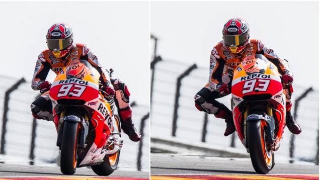 Márquez foi o primeiro no treino | <a href="https://quatrorodas.abril.com.br/moto/noticias/motogp-marquez-crava-11a-pole-ano-802760.shtml" rel="migration">Leia mais</a>