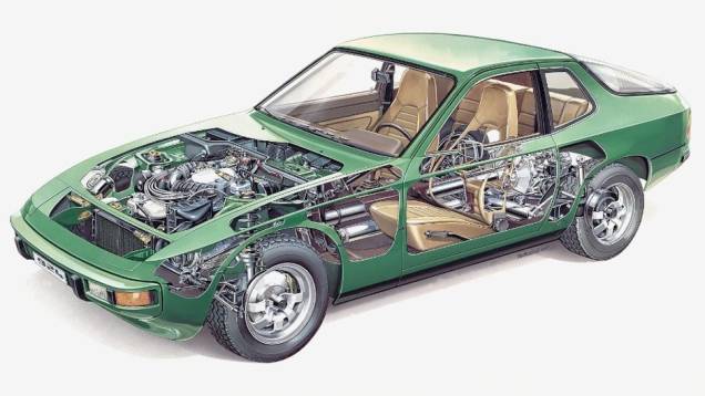MOTOR DIANTEIRO - Coube ao 924 esse pioneirismo entre os Porsche em 1976. Sua dianteira bem mais pronunciada escondia outra inovação, o primeiro motor refrigerado a água e com quatro cilindros em linha.