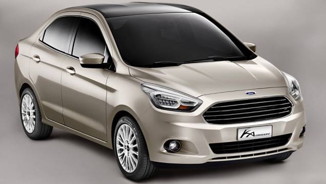 Com a já tradicional grade frontal presente em modelos como o New Fiesta, o Ka Concept lembra um mini-Fusion | <a href="https://quatrorodas.abril.com.br/noticias/fabricantes/ford-divulga-imagens-oficiais-novo-ka-sedan-772215.shtml" rel="migration">Leia mais</a>