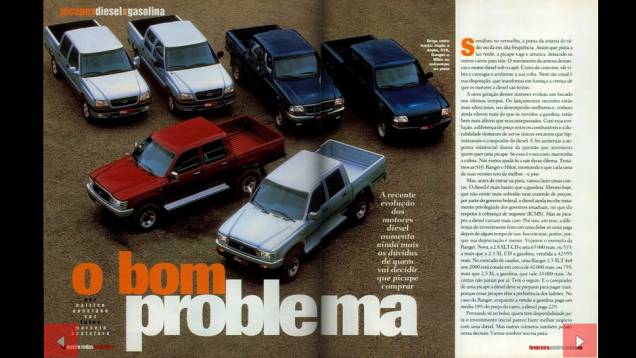 Em 2002 comparamos as versões diesel e gasolina da Chevrolet S10, Ford Ranger e Toyota | <a href="https://quatrorodas.abril.com.br/acervodigital/home.aspx?edicao=499&pg=49" target="_blank" rel="migration">Veja a matéria completa</a>