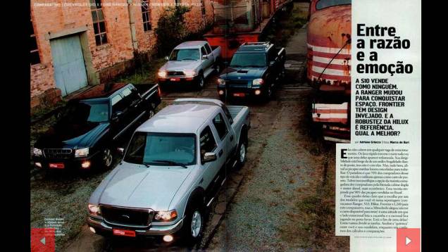Toyota Hilux, Ford Ranger e Chevrolet S10 voltam a se enfrentar em 2004, cada uma com exibindo qualidades distintas | <a href="https://quatrorodas.abril.com.br/acervodigital/home.aspx?edicao=530&pg=52" target="_blank" rel="migration">Veja o comparativo</a>