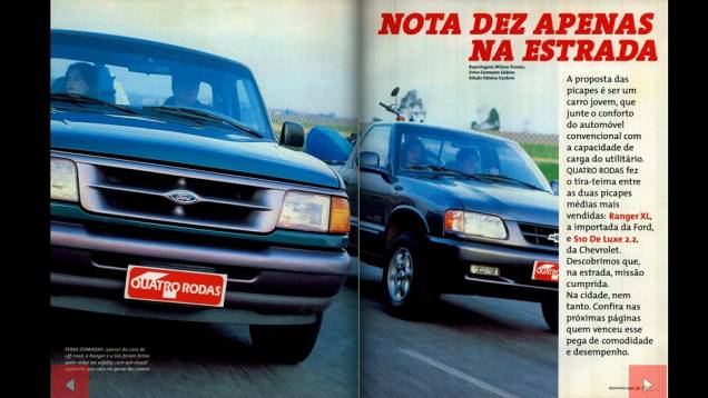 Ainda em 1996, realizamos um comparativo entre a Ford Ranger XL com a Chevrolet S10 De Luxe 2.2 | <a href="https://quatrorodas.abril.com.br/acervodigital/home.aspx?edicao=437&pg=77" target="_blank" rel="migration">Leia mais</a> Ainda em 1996, realizamos um comparativo entre a Ford Ranger XL com a Chevrolet S10 De Luxe 2.2 | <a href="https://quatrorodas.abril.com.br/acervodigital/home.aspx?edicao=437&pg=77" target="_blank" rel="migration">Leia mais</a>