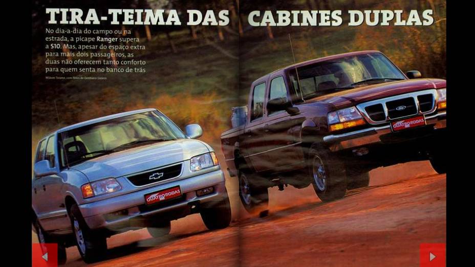 Em 1998, Ford Ranger e Chevrolet S10 voltaram a se enfrentar — desta vez, na versão cabine dupla | <a href="https://quatrorodas.abril.com.br/acervodigital/home.aspx?edicao=456&pg=47" target="_blank" rel="migration">Confira</a>