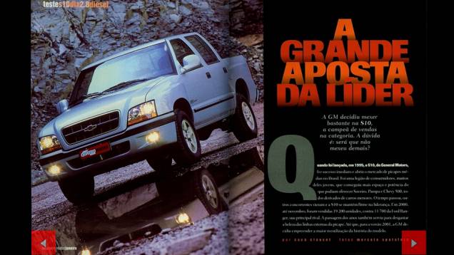 Em 2001, a Chevrolet realizou um grande facelift da S-10 | <a href="https://quatrorodas.abril.com.br/acervodigital/home.aspx?edicao=486&pg=50" target="_blank" rel="migration">Leia mais</a> Em 2001, a Chevrolet realizou um grande facelift da S-10 | <a href="https://quatrorodas.abril.com.br/acervodigital/home.aspx?edicao=486&pg=50" target="_blank" rel="migration">Leia mais</a>