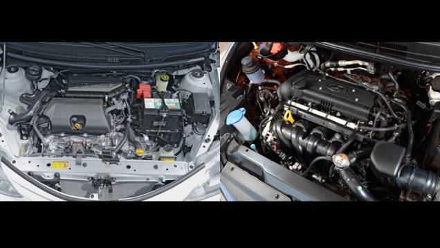 Na versão básica, o motor 1.3 16V do Etios agrada mais em relação ao 1.0 do HB20. Na versãotopo de linha, o 1.5 16V do Toyota (esquerda) oferece boa dose de força em baixo giro, mas não empolga em alta; propulsor 1.6 16V (direita) do HB20 é mais linear |