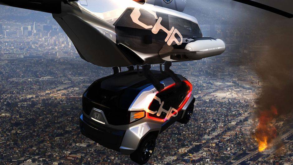 Fugindo um pouco do padr&atilde;o, a Honda apresentou dois projetos. O primeiro &eacute; o CHP Drone Squad. | <a href="https://quatrorodas.abril.com.br/noticias/tecnologia/salao-los-angeles-define-tema-desafio-design-721841.shtml" rel="migration">Leia mais</a>