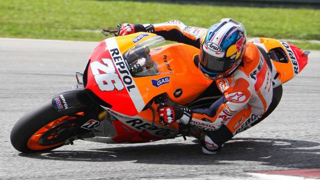 Dani Pedrosa (Repsol Honda Team) ficou com o segundo melhor tempo nesta quarta-feira (27). <a href="https://quatrorodas.abril.com.br/moto/noticias/motogp-lorenzo-supera-pedrosa-sepang-734732.shtml" rel="migration">Leia mais</a>