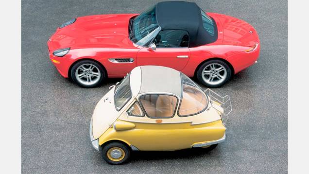 BMW Isetta: O projeto italiano da ISO foi adaptado sob licença em 1955 pela BMW para suprir a lacuna entre suas motos e o luxuoso 501. Deu origem ao 600, de quarto lugares