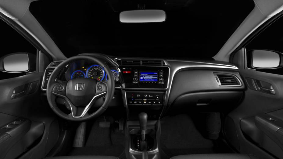 O painel parece o mesmo do Fit, mas tem itens exclusivos, como o ar-condicionado com tela touchscreen | <a href="https://quatrorodas.abril.com.br/carros/lancamentos/honda-city-800143.shtml" rel="migration">Leia mais</a>