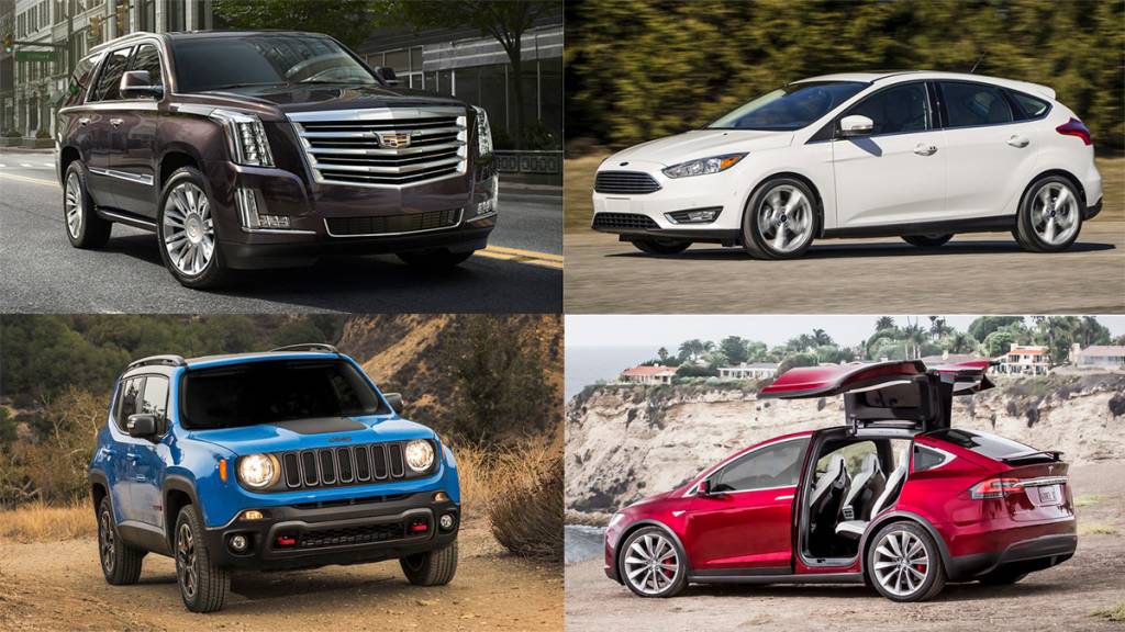 Cadillac Escalade, Ford Focus, Jeep Renegade e Tesla Model X