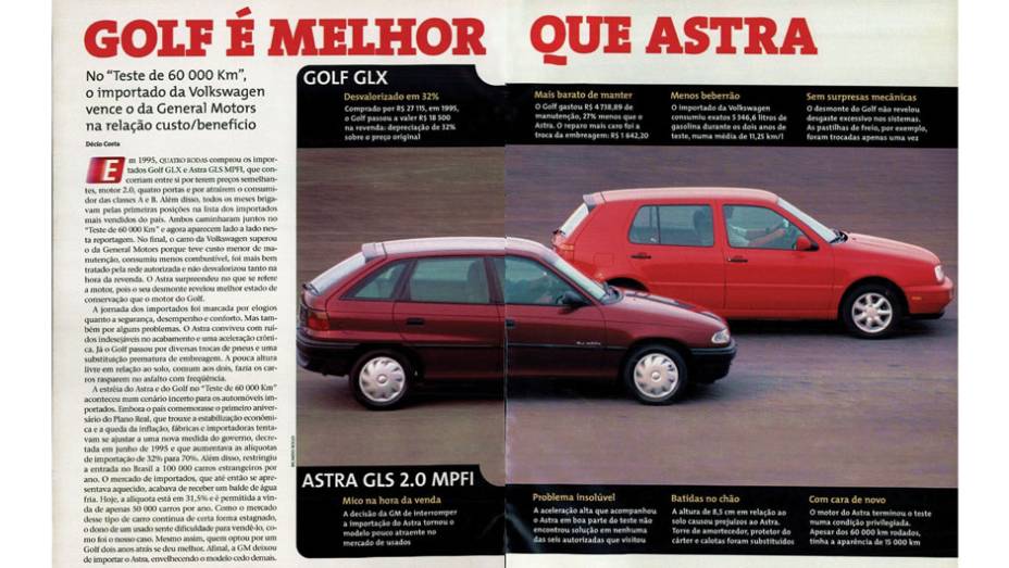 VW Golf e Chevrolet Astra: em uma iniciativa inusitada, QUATRO RODAS decidiu testar e desmontar dois dos médios mais desejados do país naquela época, após rodar 60 mil quilômetros | <a href="https://quatrorodas.abril.com.br/acervodigital/home.aspx?edicao=4" rel="migration"></a>