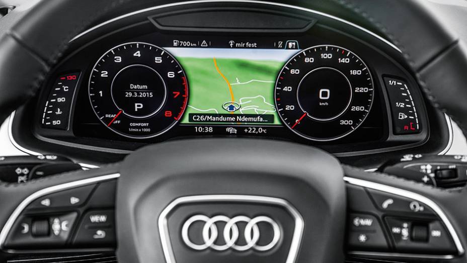 Contagiros, veloc&iacute;metro e visor que tem at&eacute; GPS s&atilde;o uma tela 100% digital | <a href="https://quatrorodas.abril.com.br//carros/impressoes/audi-q7-866880.shtml" target="_blank" rel="migration">Leia mais</a>