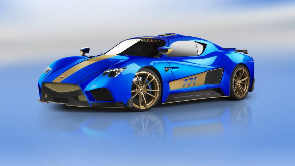 Mazzanti Evantra 771 Azul e dourado da carroceria se inspiram nas cores do logotipo da Mazzanti