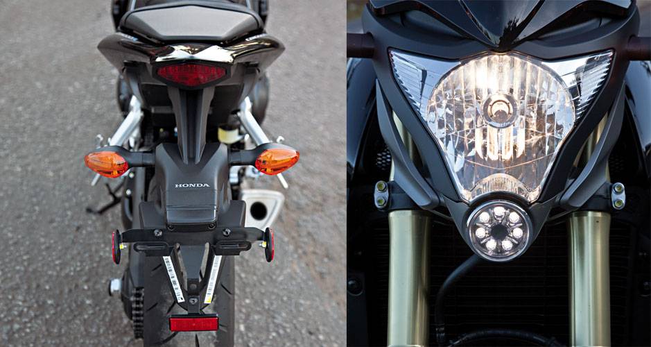 Rabeta pendurada e pneus de superbike | Cara de mang&aacute;: "focinho" tem 7 leds azuis