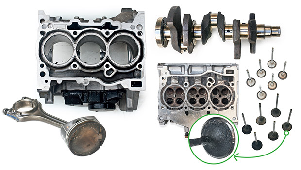 A concepção moderna deu ao bloco três-cilindros da família de motores EA211 uma performance invejável no desmonte. Tanto a cabeça dos pistões como as válvulas de admissão atravessaram os 60 000 km com baixíssimo índice de acúmulo de material carbonizado.