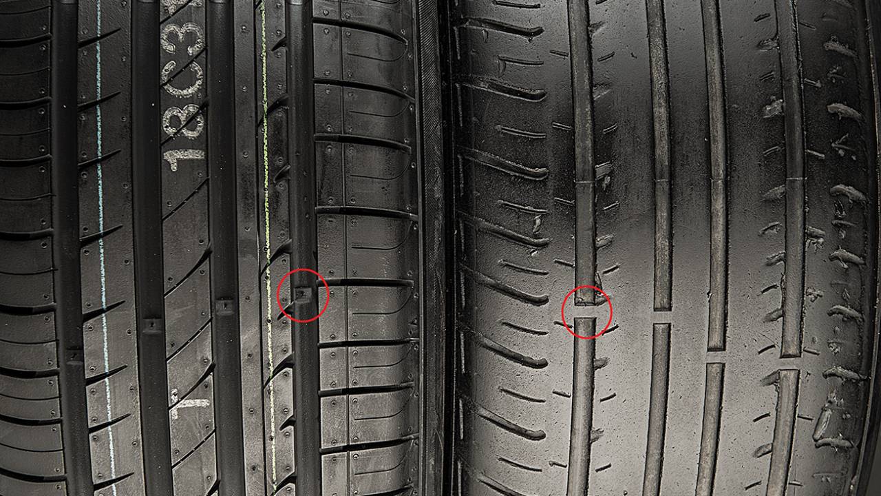 Os ressaltos do treadwear: à direita, o TWI indica que já é hora de trocar o pneu