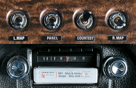 Interruptores para as luzes internas e rádio AM com cartucho estéreo