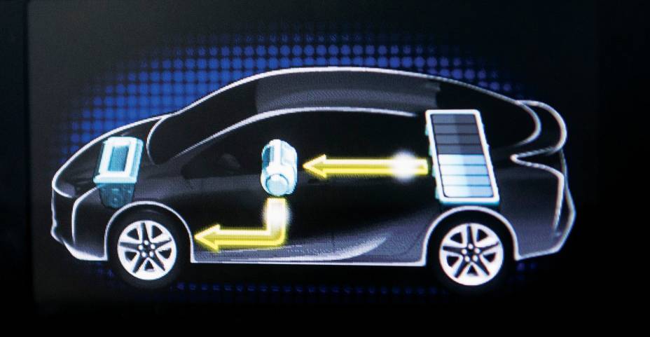 Fluxograma dos motores exibido no painel: ao alto, sob baixa demanda de força, tração apenas elétrica