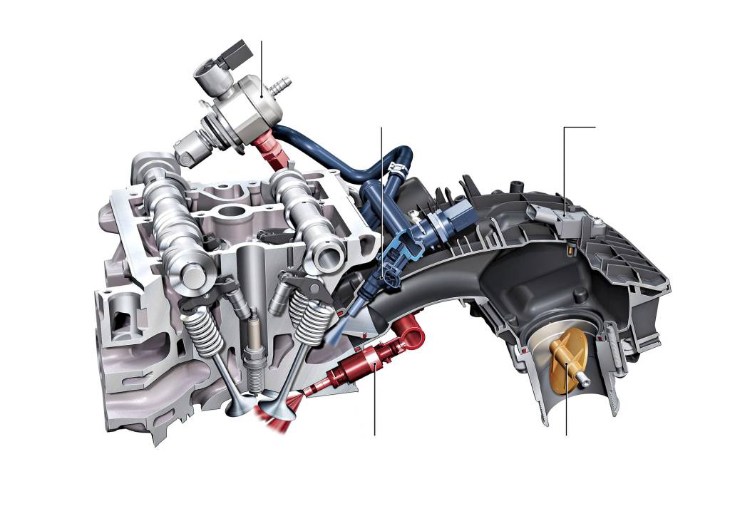 Os bicos de injeção indireta (azul) pulverizam o combustível no coletor de admissão; os de injeção direta (vermelha) fazem isso diretamente dentro do cilindro