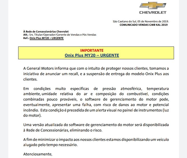 Chevrolet Onix Plus – comunicado Chevrolet Onix Plus – comunicado