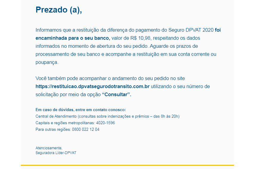 DPVAT 2020 – Confirmação de restituição