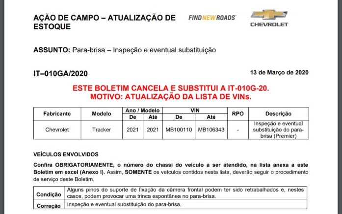 Boletim de recall para-brisa Chevrolet Tracker Boletim de recall para-brisa Chevrolet Tracker