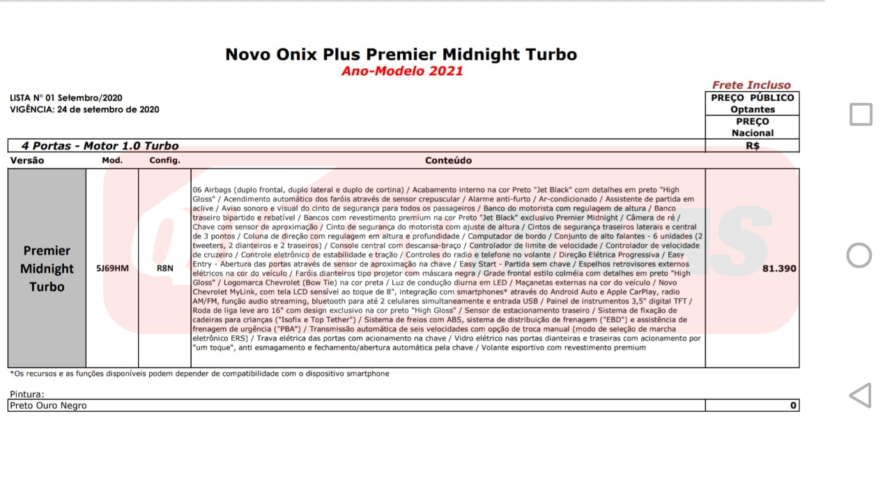 Preço Onix RS 2021
