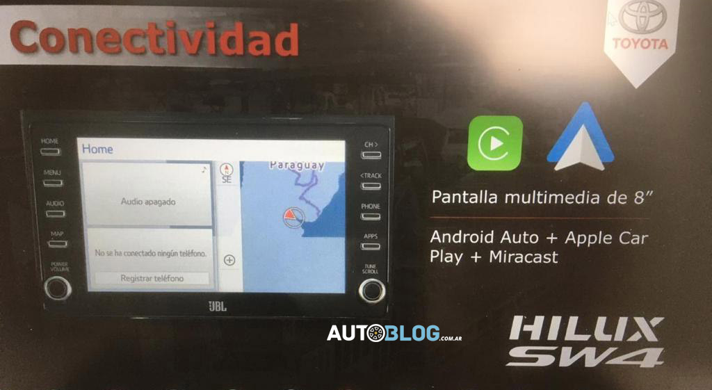 TOYOTA-HILUX-SW4-3 Em 'paz' com Google e Apple, Toyota embutiu Android Auto e Apple CarPlay na central multimídia. O hardware segue o mesmo da linha 2020, com tela de 8 polegadas