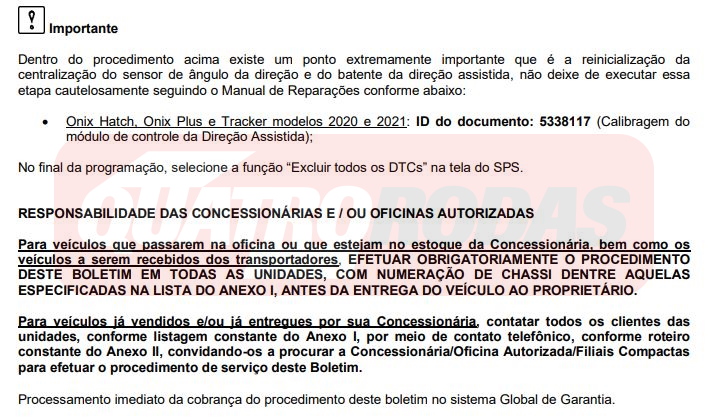 ação de satisfação onix Travamento da direção
