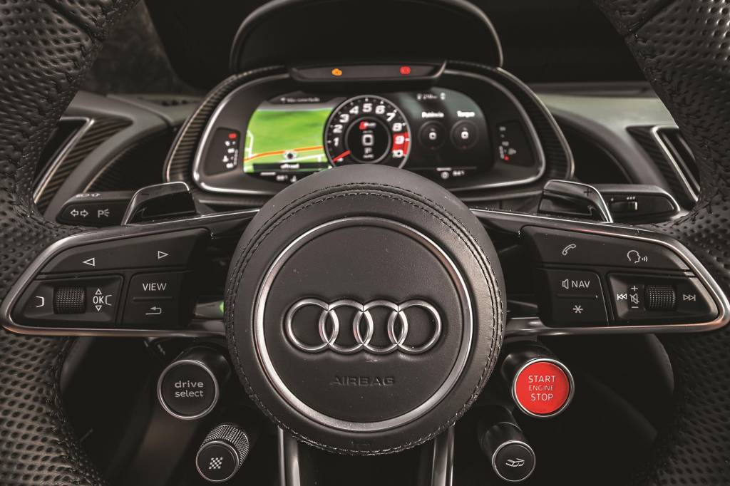 Audi R8 V10 Performance 2020 amarelo volante botão de partida