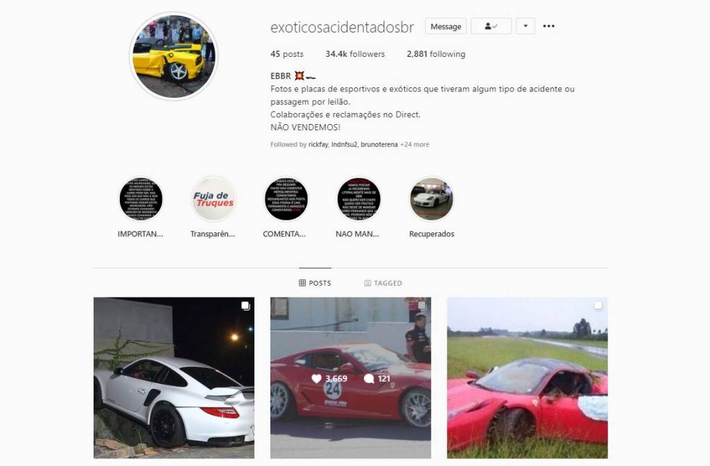 Página publica fotos de acidentes envolvendo carros exóticos e raros no Brasil