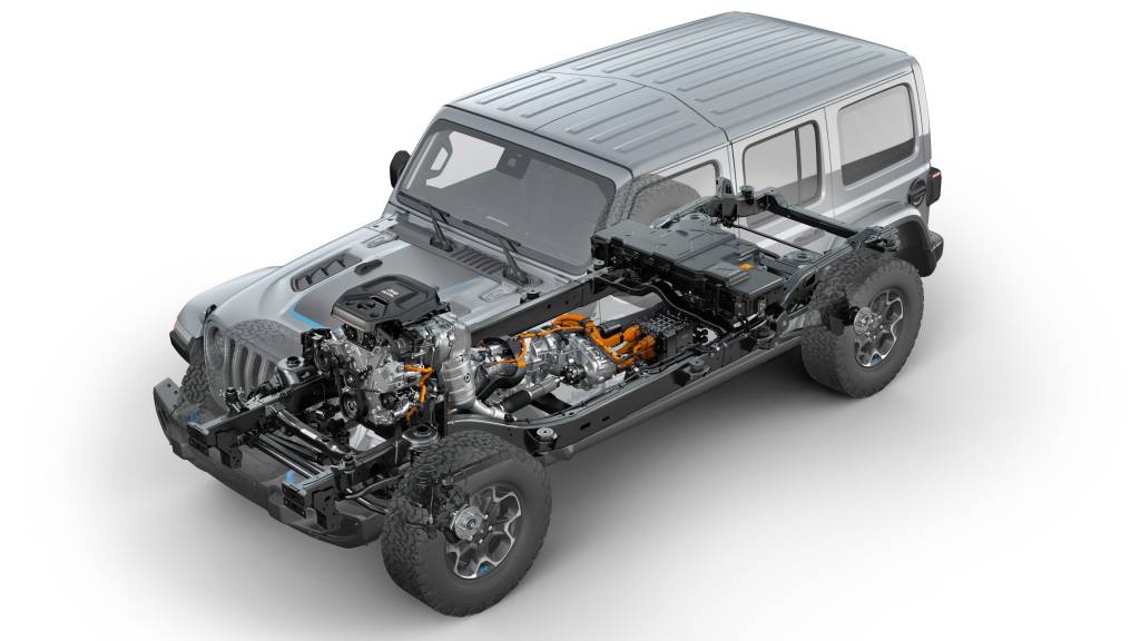 Front three-quarters view of the 2021 Jeep® Wrangler Rubicon 4xe hybrid electric, showing the location of powertrain components.
