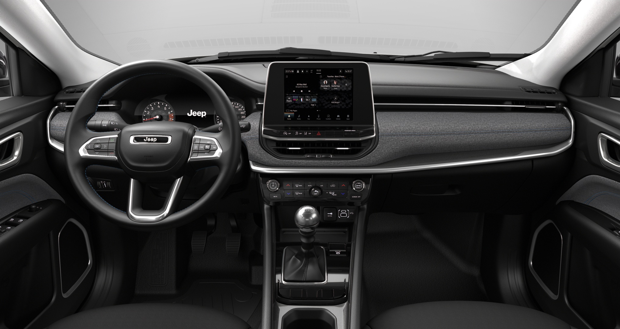 Compass interior basico Versão mais básica traz a mesma central de 8,4 polegadas do Progetto 363 e painel analógico que contrasta com a modernidade do Uconnect 5