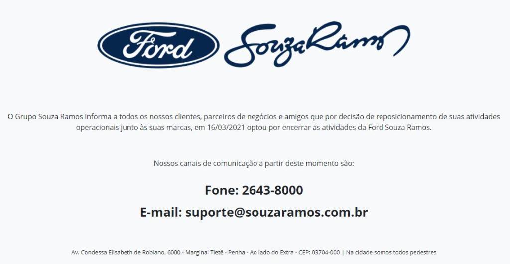 Comunicado do site da Ford Souza Ramos