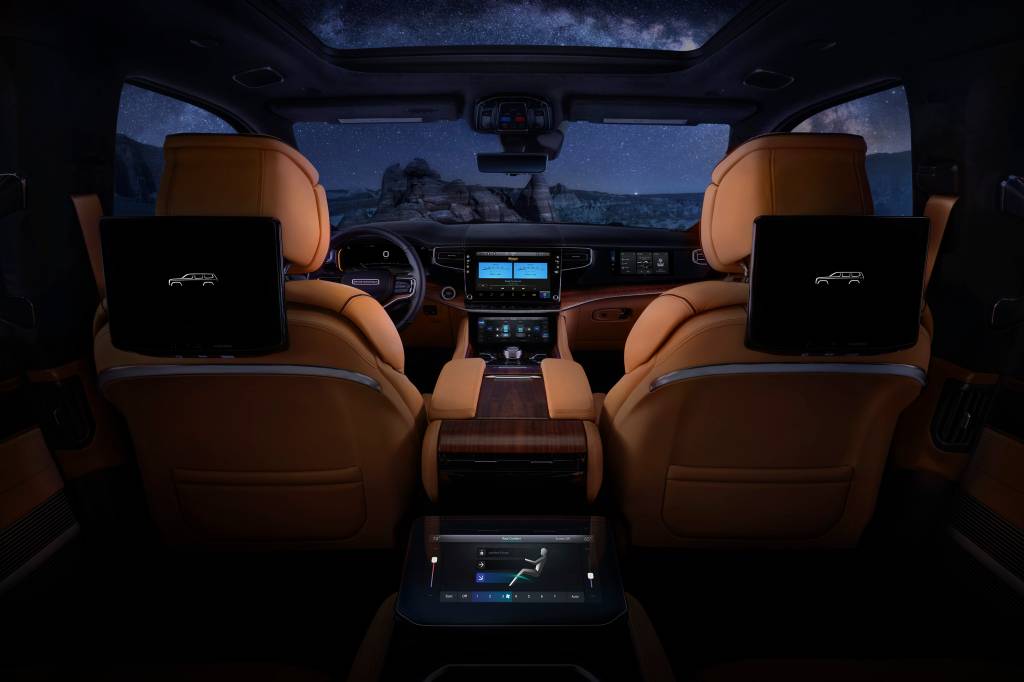 All-new 2022 Grand Wagoneer features two 10.1-inch entertainment touchscreens with the available Rear Seat Entertainment system, which features independent streaming capabilities from major content providers.