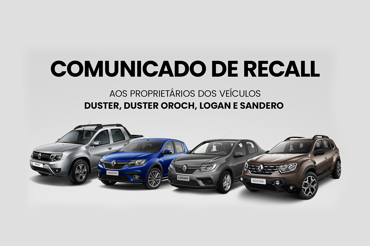 Carros modelos Duster, Oroch, Logan e Sandero, da Renault, um ao lado do outro, em fileira