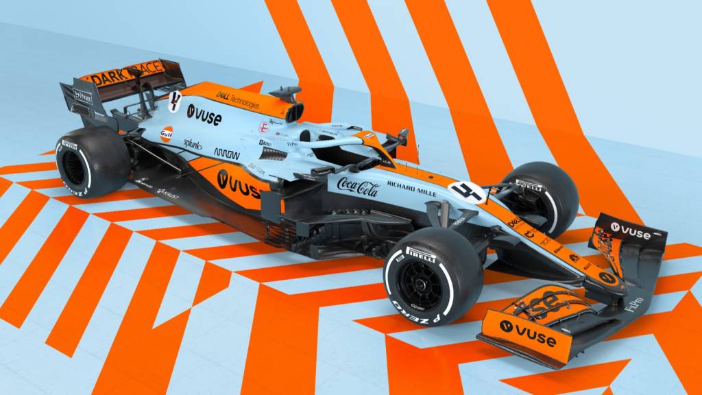 Carro de F1 da McLaren visto 3/4 de cima