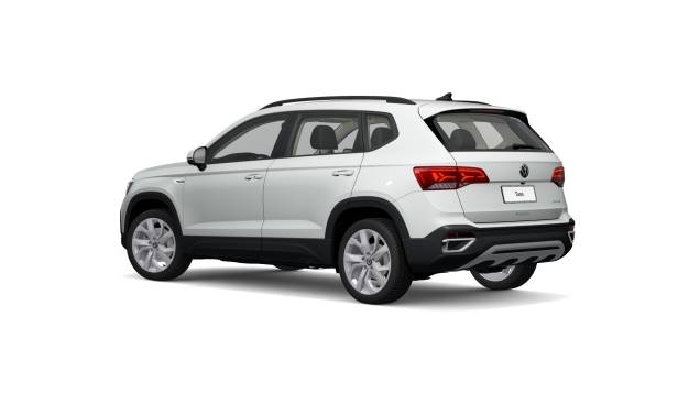 Visão angulada da traseira do Taos Comfortline em pintura sólida Branco Visão angulada da traseira do Taos Comfortline em pintura sólida Branco