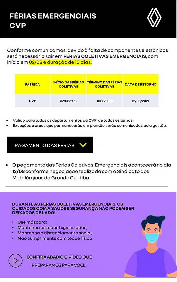 Comunicado distribuído via e-mail aos funcionários da linha de produção automotiva