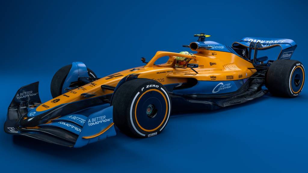 Carro-conceito da F1 para 2022 visto 3/4 de frente com as cores da McLaren
