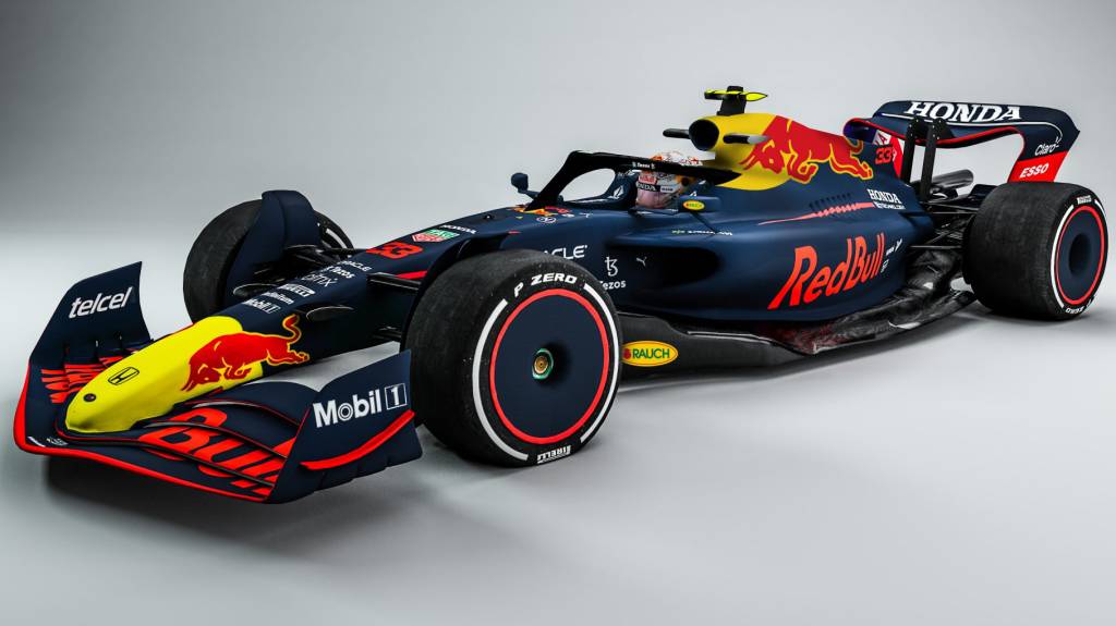 Carro-conceito da F1 para 2022 visto 3/4 de frente com cores da Red Bull