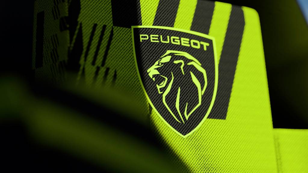 Detalhe do logotipo do Peugeot 9X8 cinza e verde
