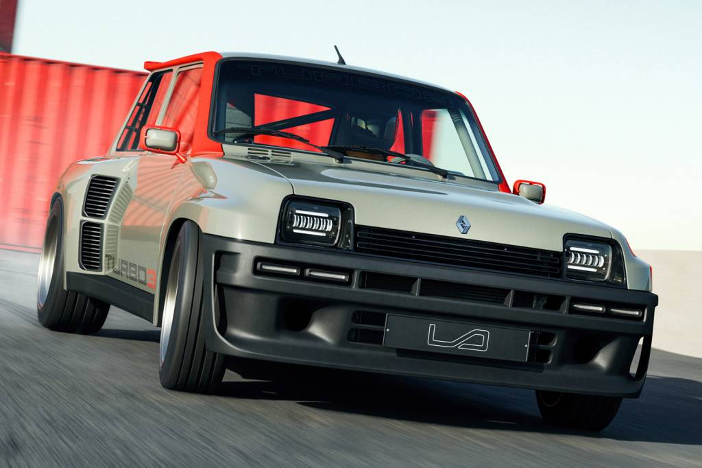 Renault 5 Turbo 3 cinza e laranja visto de frente