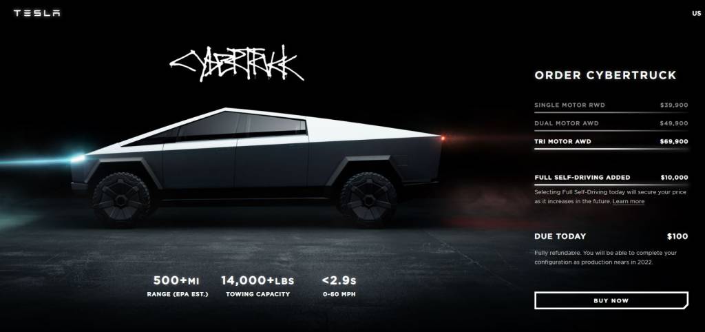 Imagem do site da Tesla com a picape Cybertruck