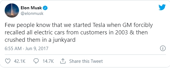 tweet de Elon Musk sobre o recall da gm